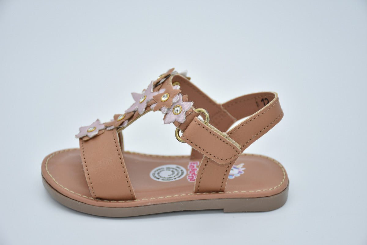 Sandalia Infantil Mirruña Café Madera Decoración De Flores