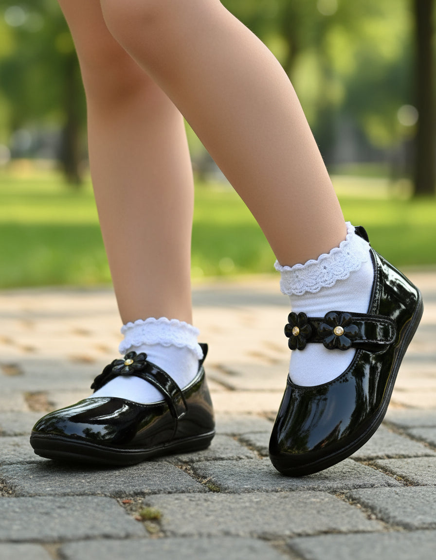 Ballerina Infantil Mirruña Charol Negro Bucarelli Con Flores