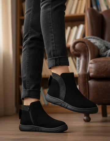 Botita Alta Mirruña Sintetico Tipo Nobuck Negro Pelo Corto