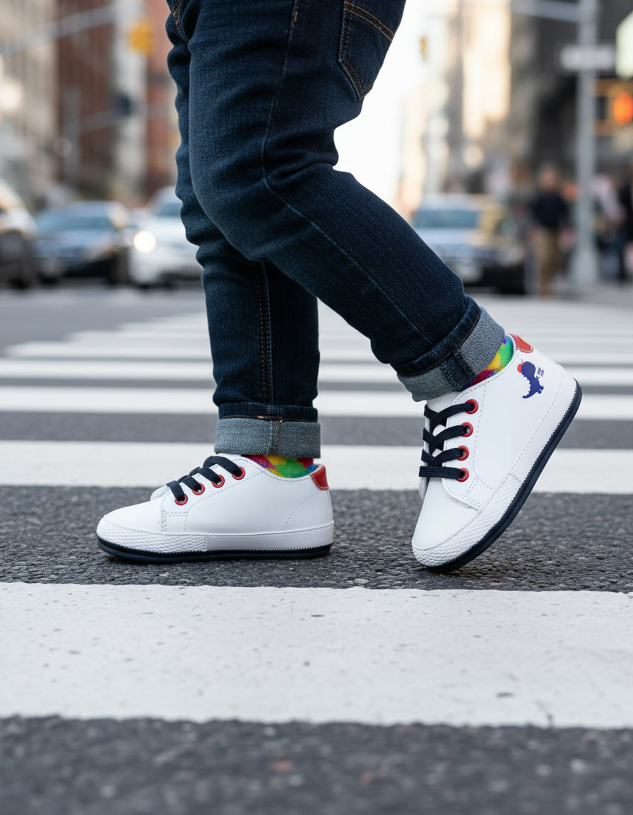 Tenis Infantil Mirruña En Sintético Blanco Y Acentos En Rojo Con Agujetas Y Aplicaciónes De Dragon