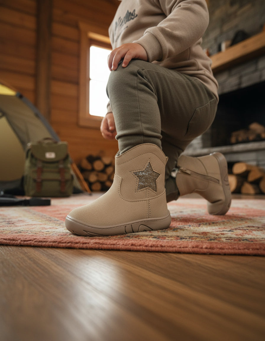 Botita Alta Con Estrella En Sintetico Tipo Nobuck Pelo Corto